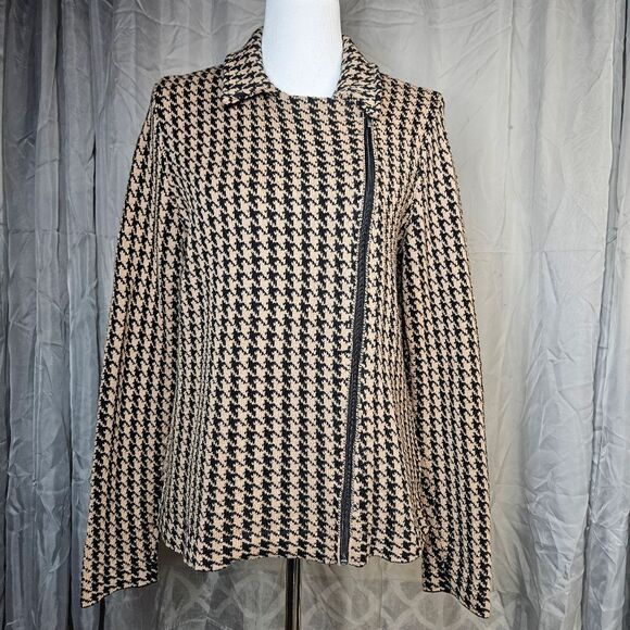Chaps Classic Tan & Black Houndstooth Asymmetrical Zip Front Knit Sweater Jacket - Picture 2 of 10